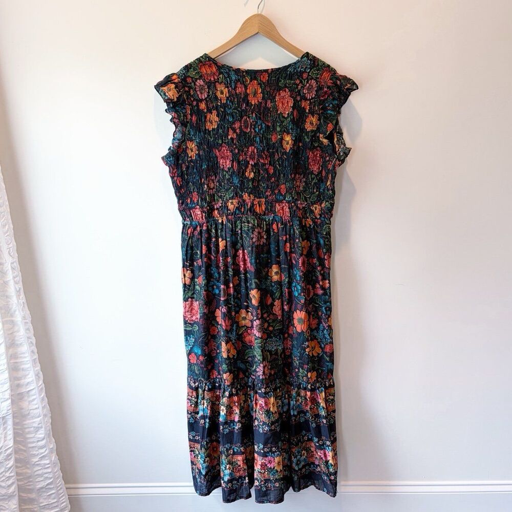 Anthropologie NWT XL Petite Floral Smocked Boho Midi Dress Flutter Sleeve - Picture 3 of 12